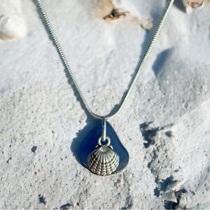 Real sea glass pendant , rare blue piece, scallop charm